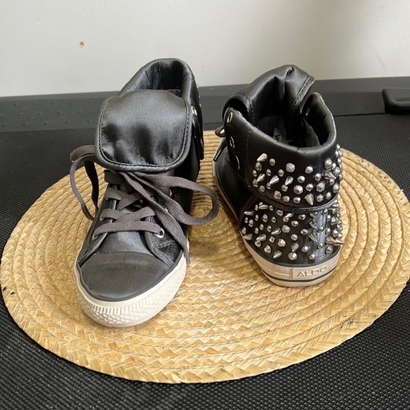 Aldo Silver Spikes Studs Satin High Top Canvas Sneakers Size 6 - Picture 5 of 12
